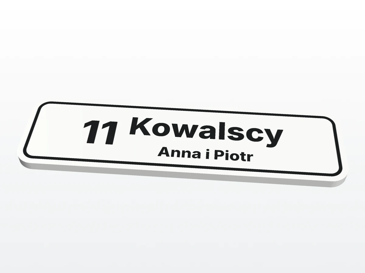 Klasyczna tabliczka M z ramką, numerem 11 i nazwiskiem Kowalscy, biała z czarnym napisem (wizualizacja)