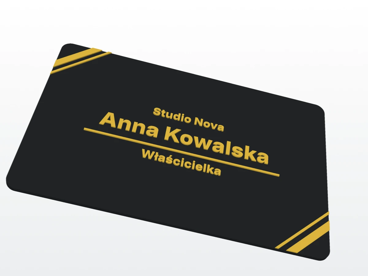 Czarna wizytówka ze złotymi narożnikami i wypukłym złotym imieniem (wizualizacja)